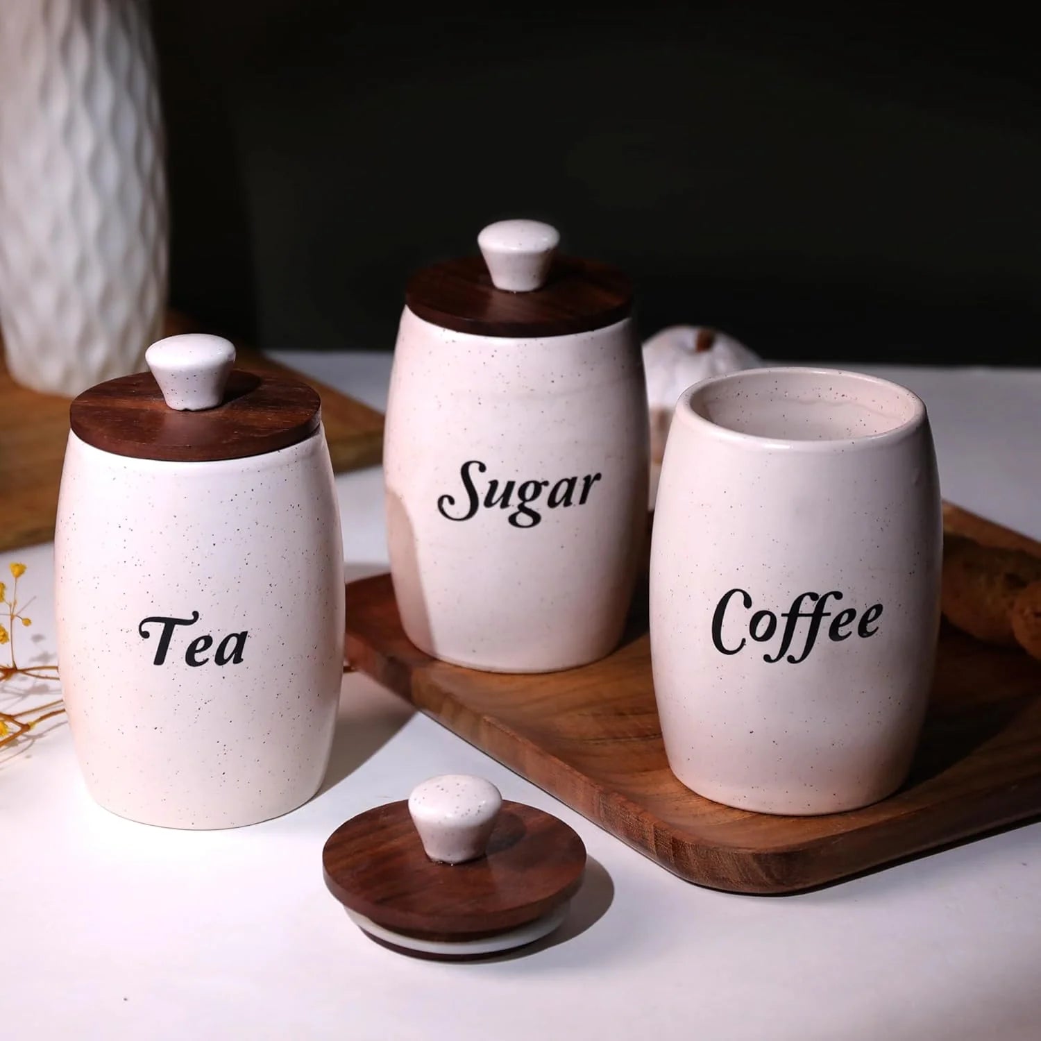 Tea, Coffee & Sugar Jar Set Multi-Purpose Storage Jars & Containers in Ceramic (Airtight, Set of 3, 410 ML)