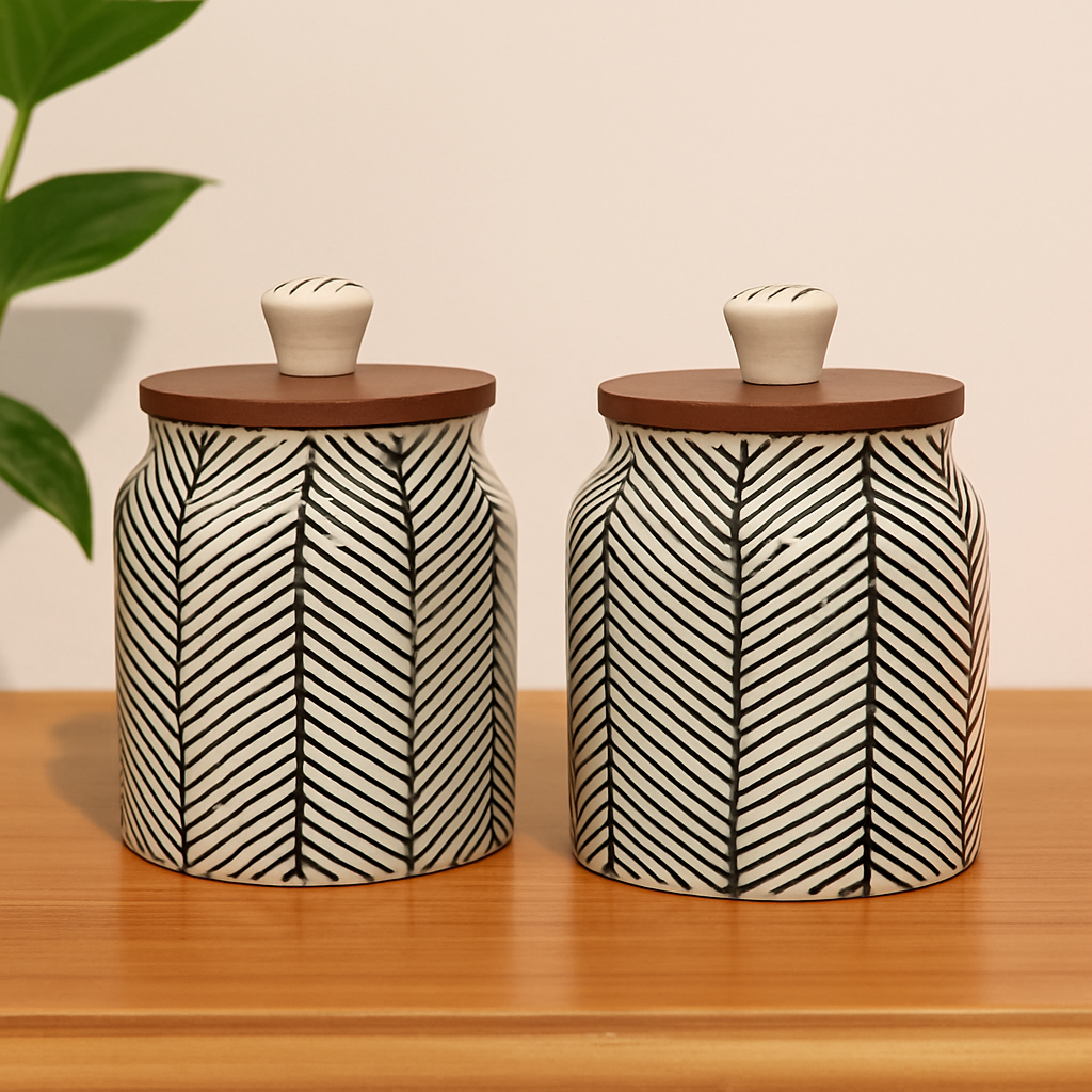 Black Chevron Multi-Purpose Storage Jars & Containers in Ceramic (Airtight, Set of 2, 410 ML)