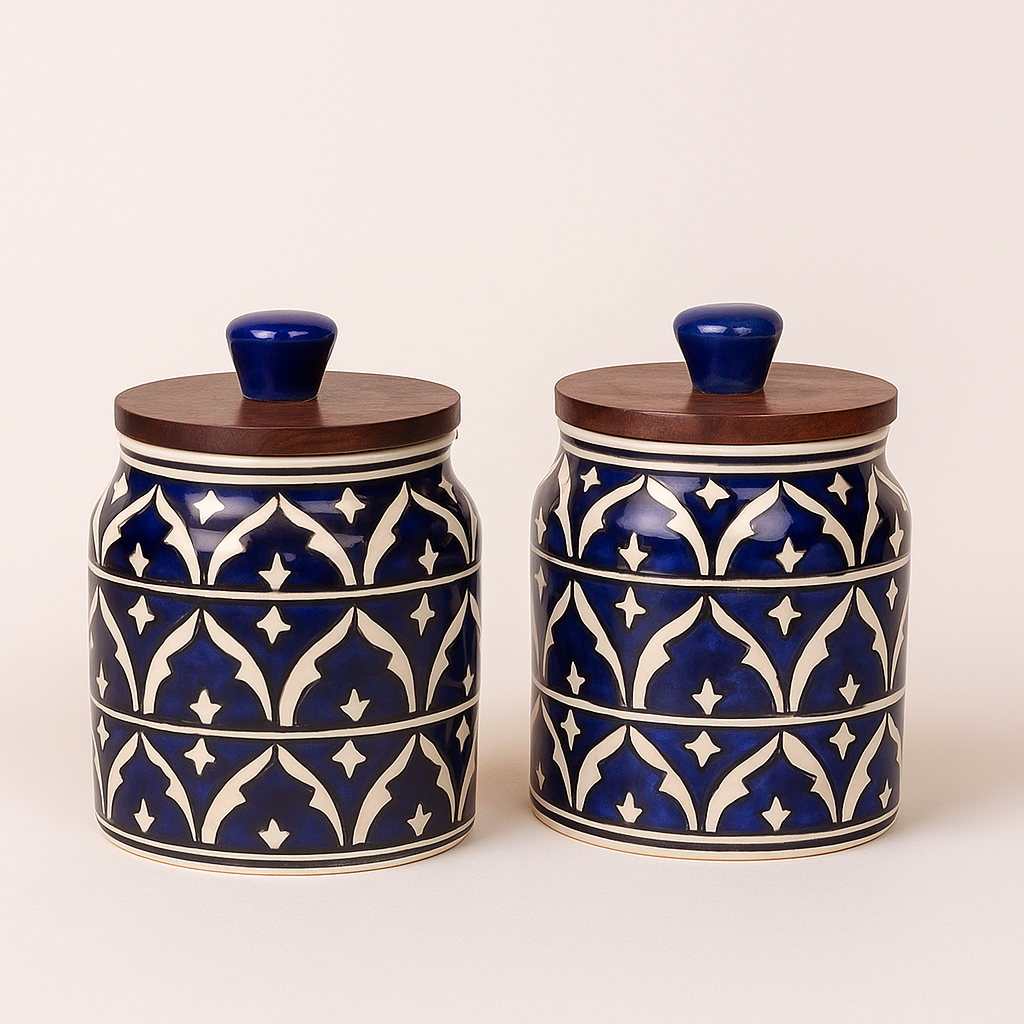 Blue Hand Painted Multi Utility Storage Jars & Containers In Ceramic (Airtight, Set of 2, 410 ML)