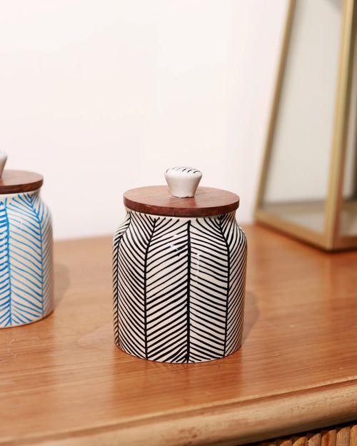 Black Chevron Multi-Purpose Storage Jars & Containers in Ceramic (Airtight, Set of 2, 410 ML)