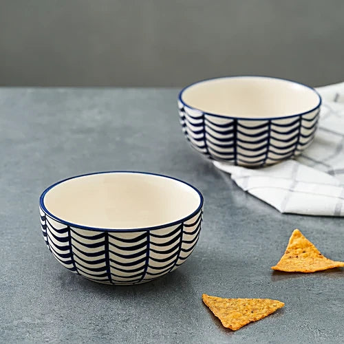 Neecasa Dinner Bowl/ Katori, Hand Painted Ceramic, Coastal Blue, 300 ml