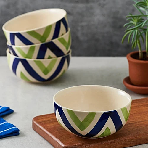 Neecasa Dinner Bowl/ Katori, Hand Painted Ceramic, Twirl Green Blue, 300 ml