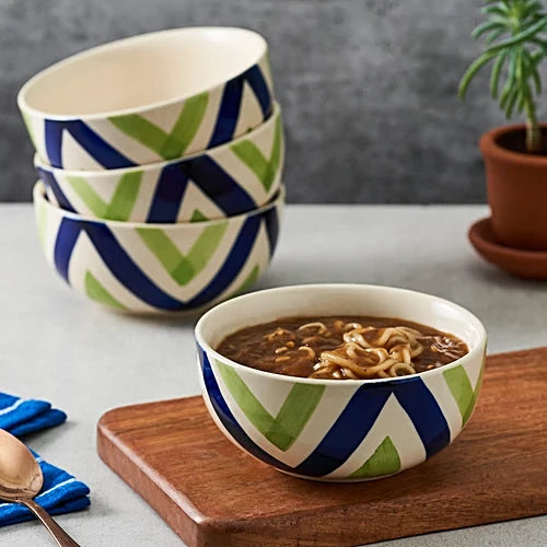 Neecasa Dinner Bowl/ Katori, Hand Painted Ceramic, Twirl Green Blue, 300 ml