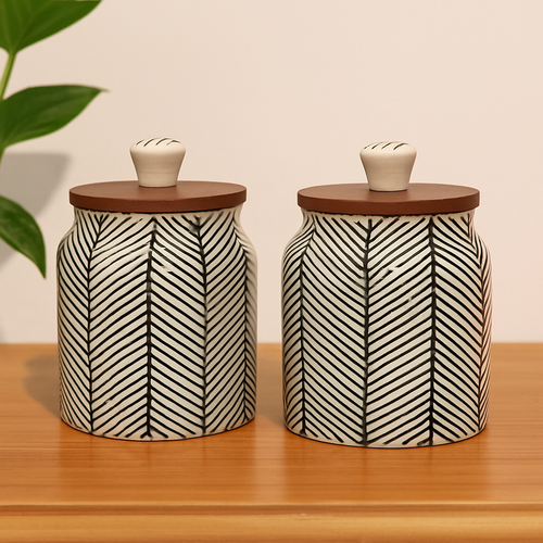 Black Chevron Multi-Purpose Storage Jars & Containers in Ceramic (Airtight, Set of 2, 410 ML)