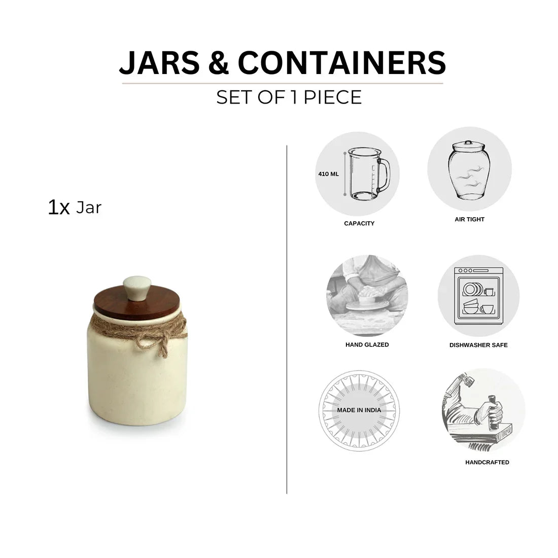 Vintage Ivory Multi-Purpose Storage Jars & Containers In Ceramic (Air-Tight, Set of 2, 410 ml, Hand Glazed)