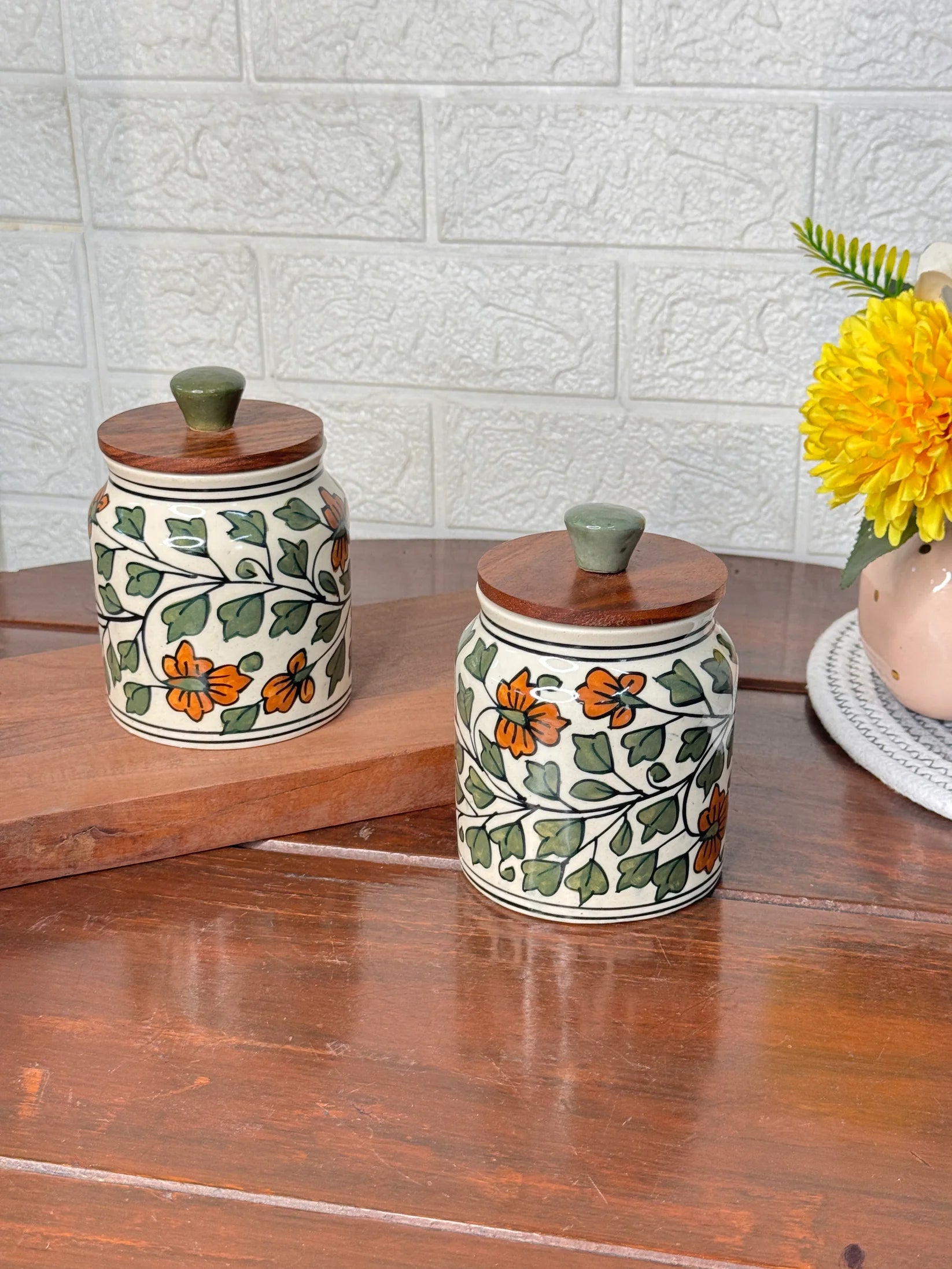 Bageecha Hand-painted Multi-Purpose Storage Jars & Containers in Ceramic (Airtight, Set of 2, 410 ML)