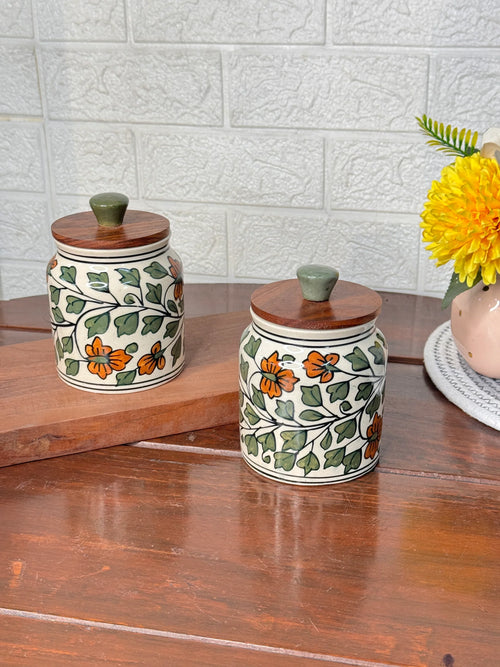 Bageecha Hand-painted Multi-Purpose Storage Jars & Containers in Ceramic (Airtight, Set of 2, 410 ML)