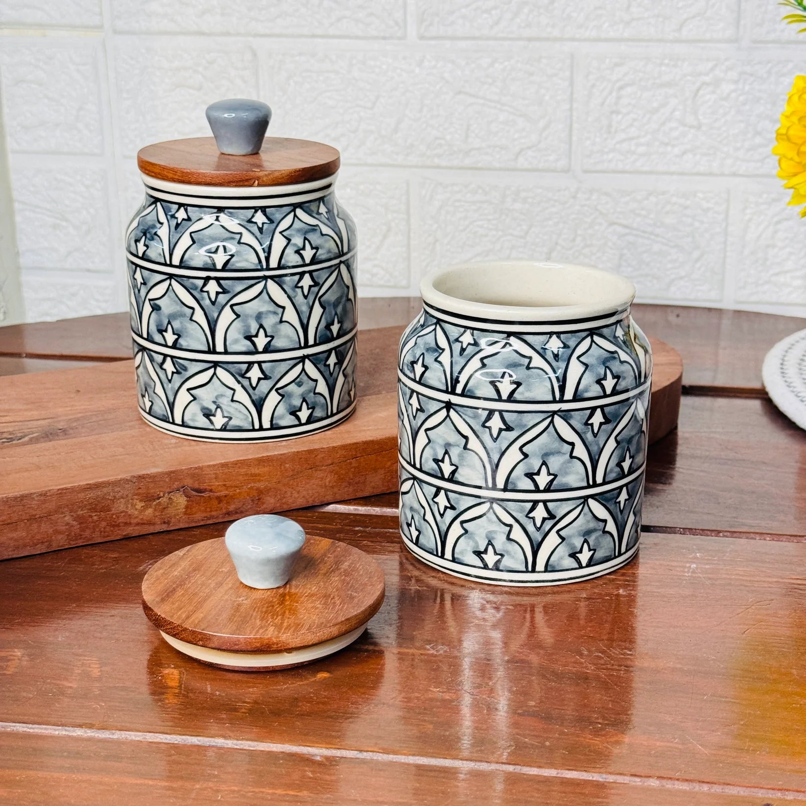Grey Hand Painted Multi Utility Storage Jars & Containers In Ceramic (Airtight, Set of 2, 410 ML)