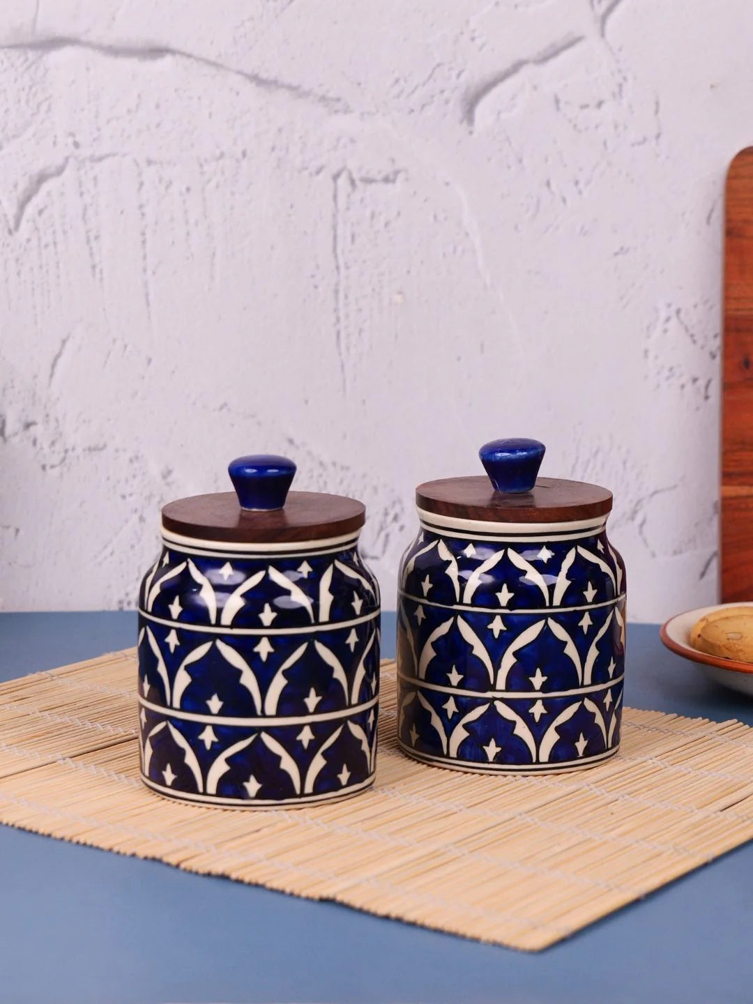 Blue Hand Painted Multi Utility Storage Jars & Containers In Ceramic (Airtight, Set of 2, 410 ML)