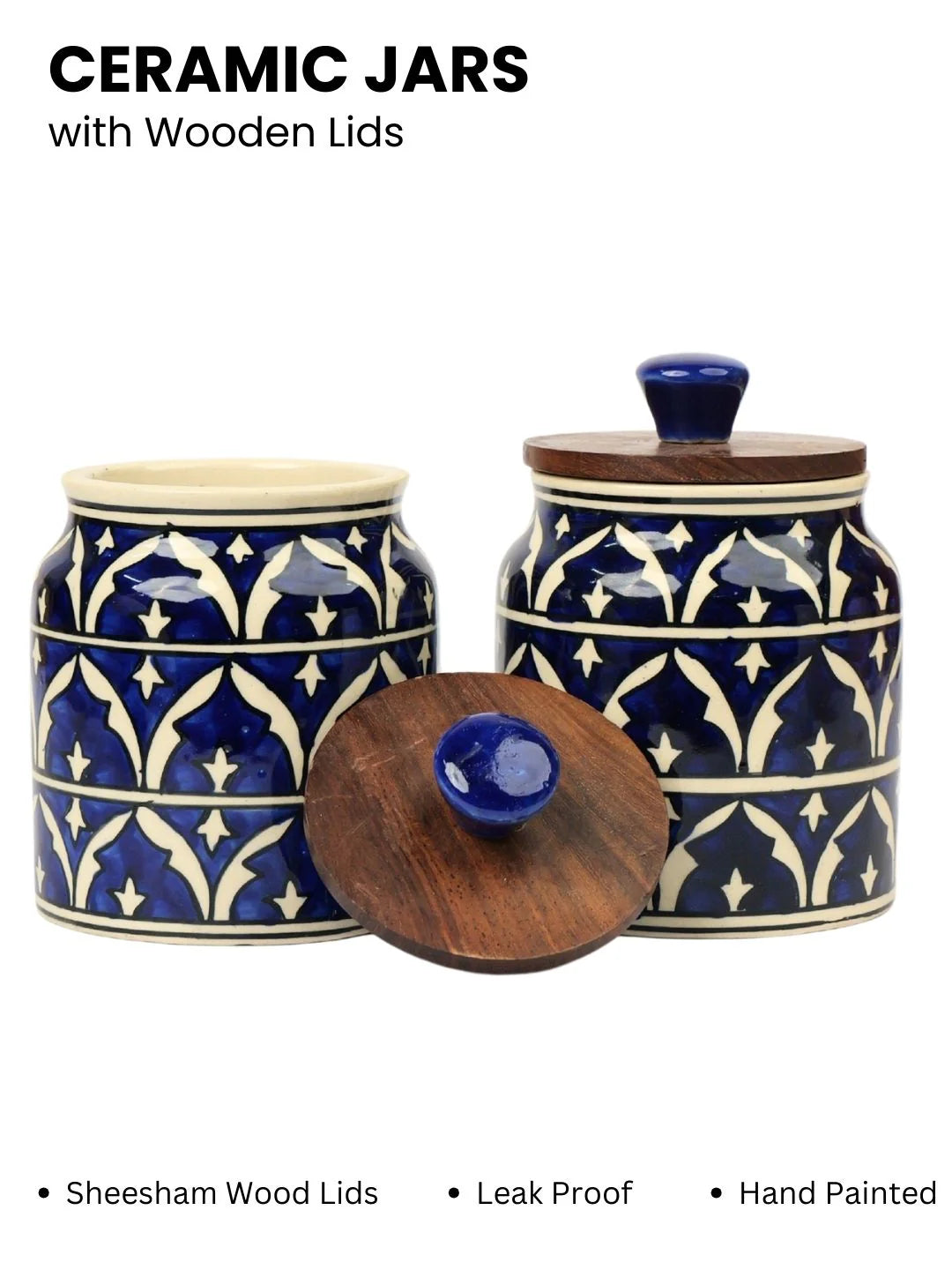 Blue Hand Painted Multi Utility Storage Jars & Containers In Ceramic (Airtight, Set of 2, 410 ML)