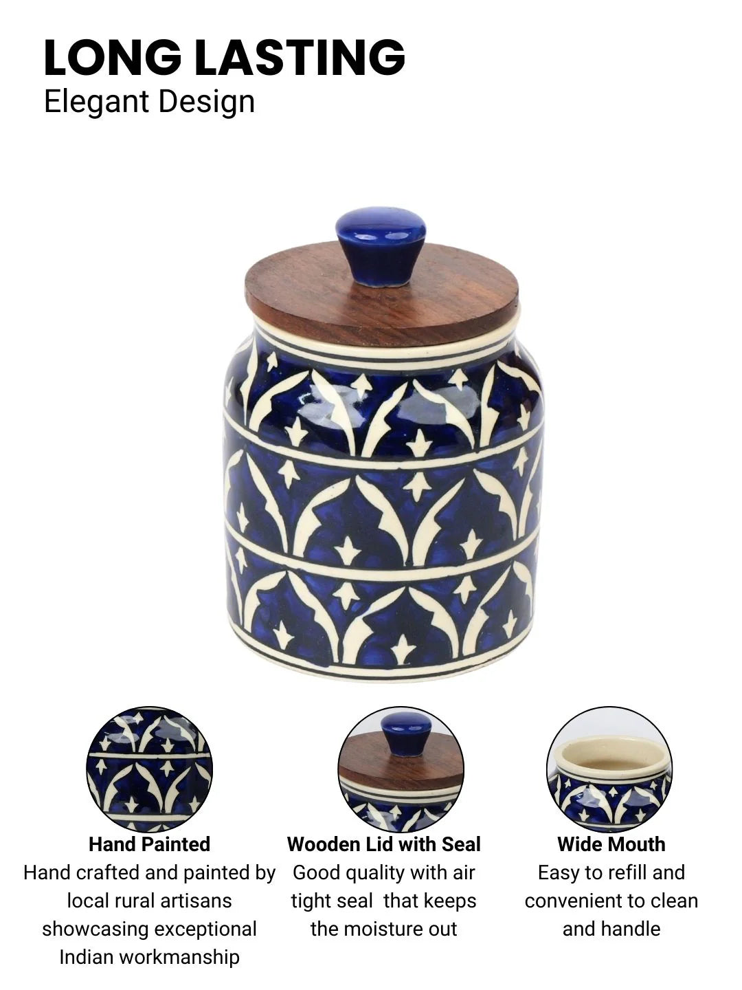 Blue Hand Painted Multi Utility Storage Jars & Containers In Ceramic (Airtight, Set of 2, 410 ML)