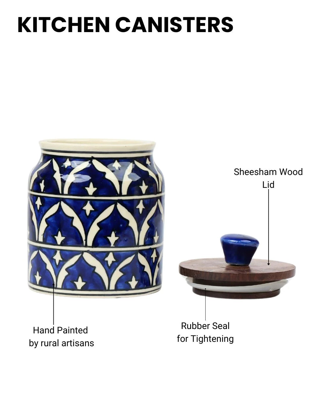 Blue Hand Painted Multi Utility Storage Jars & Containers In Ceramic (Airtight, Set of 2, 410 ML)
