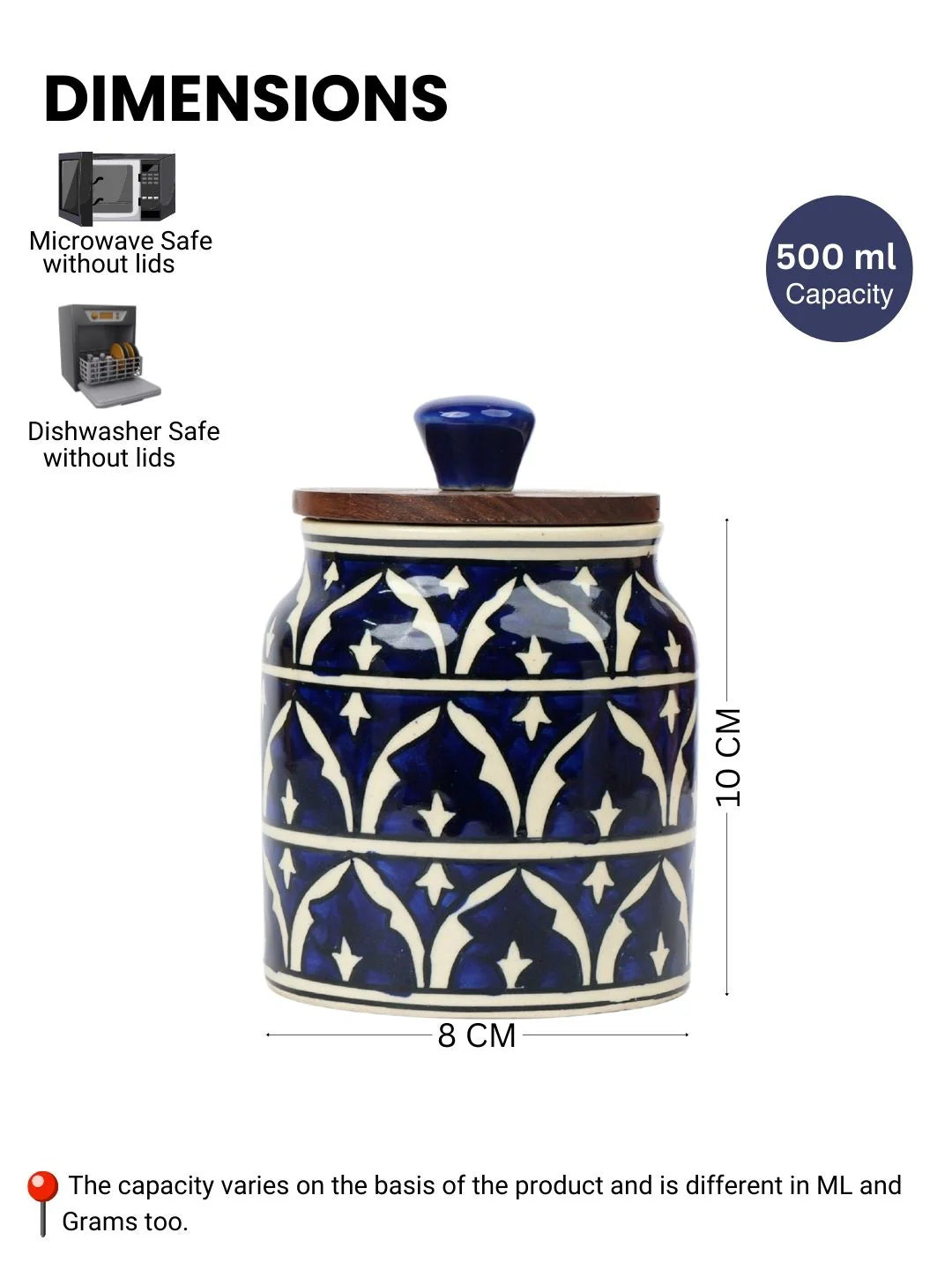 Blue Hand Painted Multi Utility Storage Jars & Containers In Ceramic (Airtight, Set of 2, 410 ML)