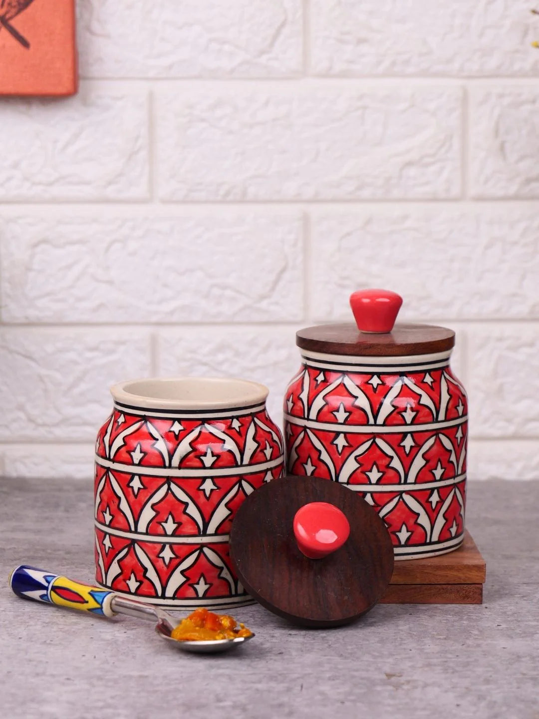 Red Hand Painted Multi Utility Storage Jars & Containers In Ceramic (Airtight, Set of 2, 410 ML)