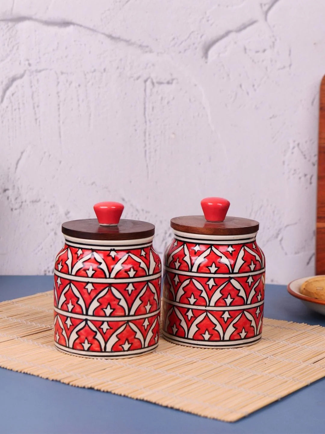 Red Hand Painted Multi Utility Storage Jars & Containers In Ceramic (Airtight, Set of 2, 410 ML)