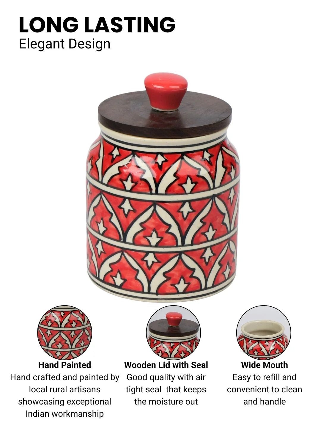 Red Hand Painted Multi Utility Storage Jars & Containers In Ceramic (Airtight, Set of 2, 410 ML)