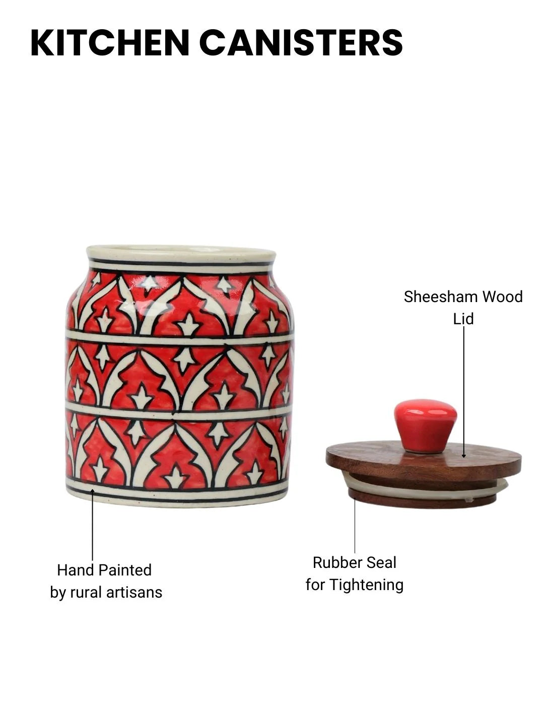 Red Hand Painted Multi Utility Storage Jars & Containers In Ceramic (Airtight, Set of 2, 410 ML)