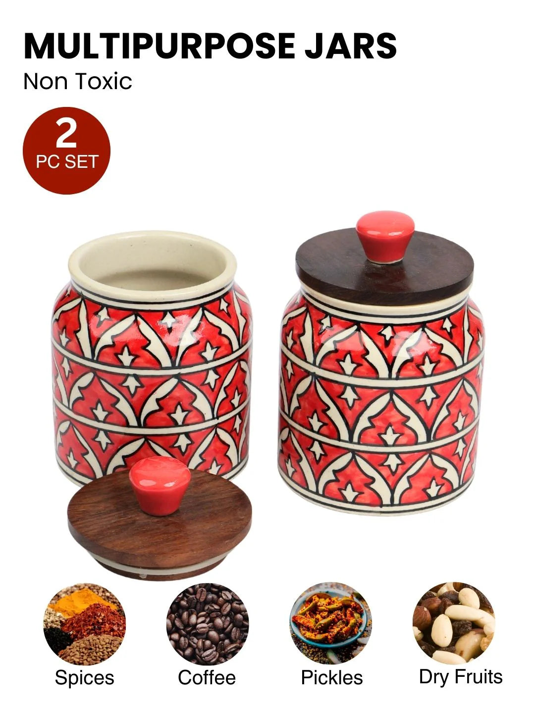 Red Hand Painted Multi Utility Storage Jars & Containers In Ceramic (Airtight, Set of 2, 410 ML)