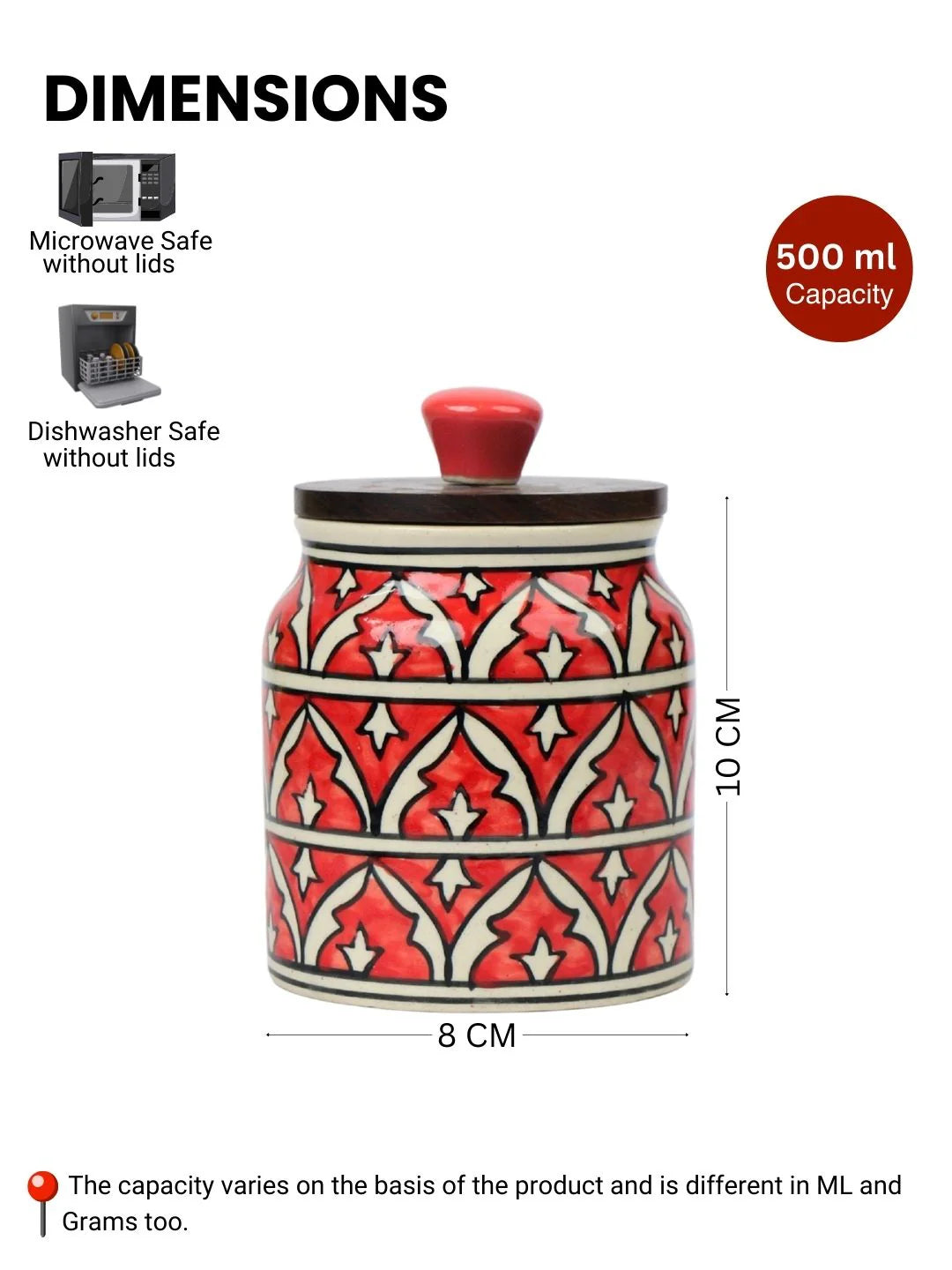 Red Hand Painted Multi Utility Storage Jars & Containers In Ceramic (Airtight, Set of 2, 410 ML)