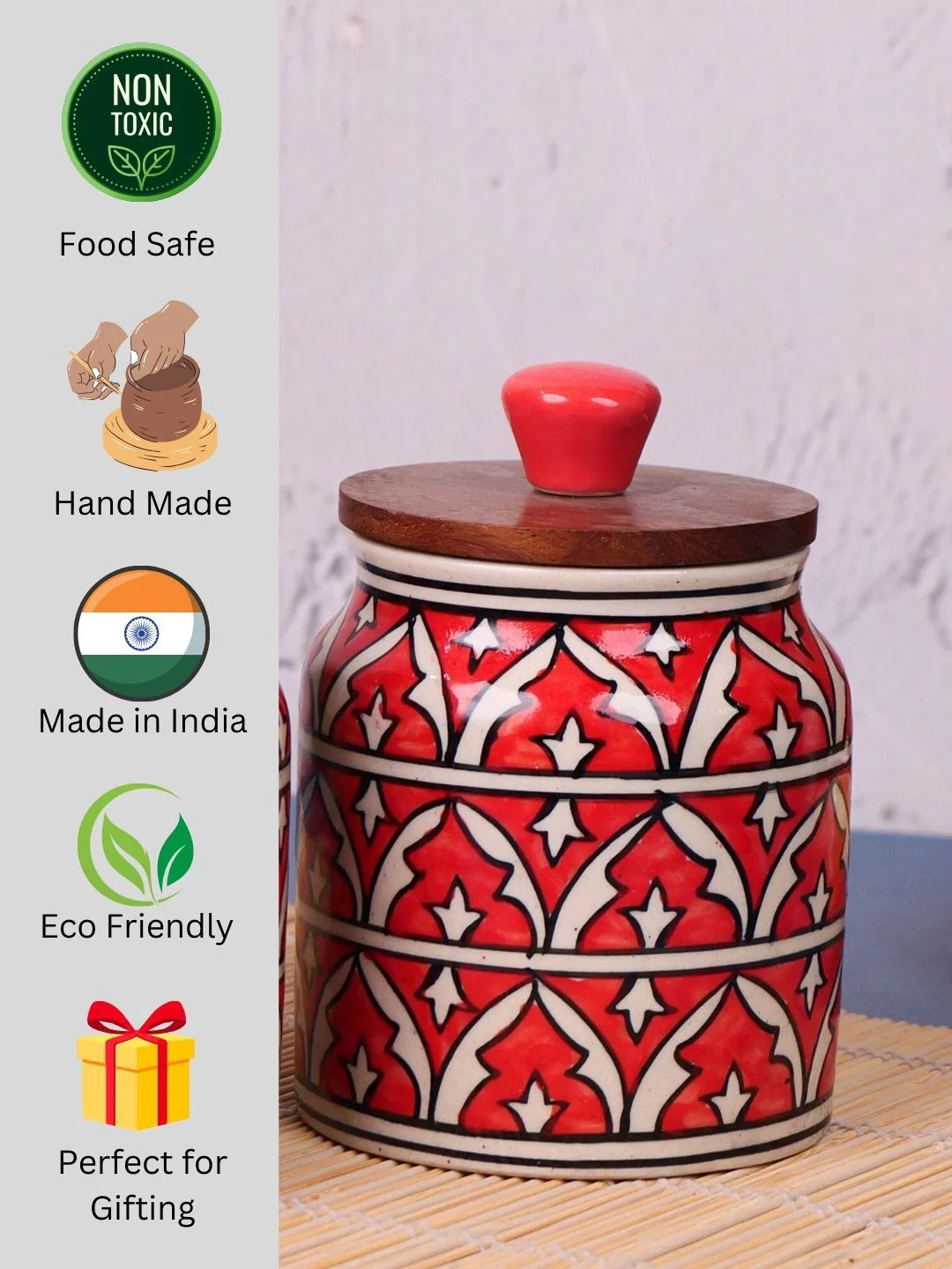 Red Hand Painted Multi Utility Storage Jars & Containers In Ceramic (Airtight, Set of 2, 410 ML)